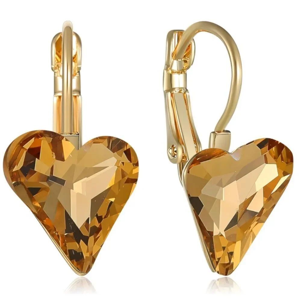 14K Yellow Gold with Champagne Topaz Austrian Crystal Heart Leverback Earrings